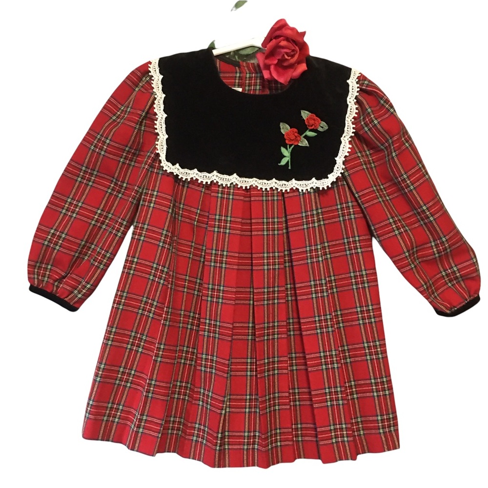 Youngland Xmas Dress Red Tartan Plaid Black Velvet Lg collar emb roses white la…
